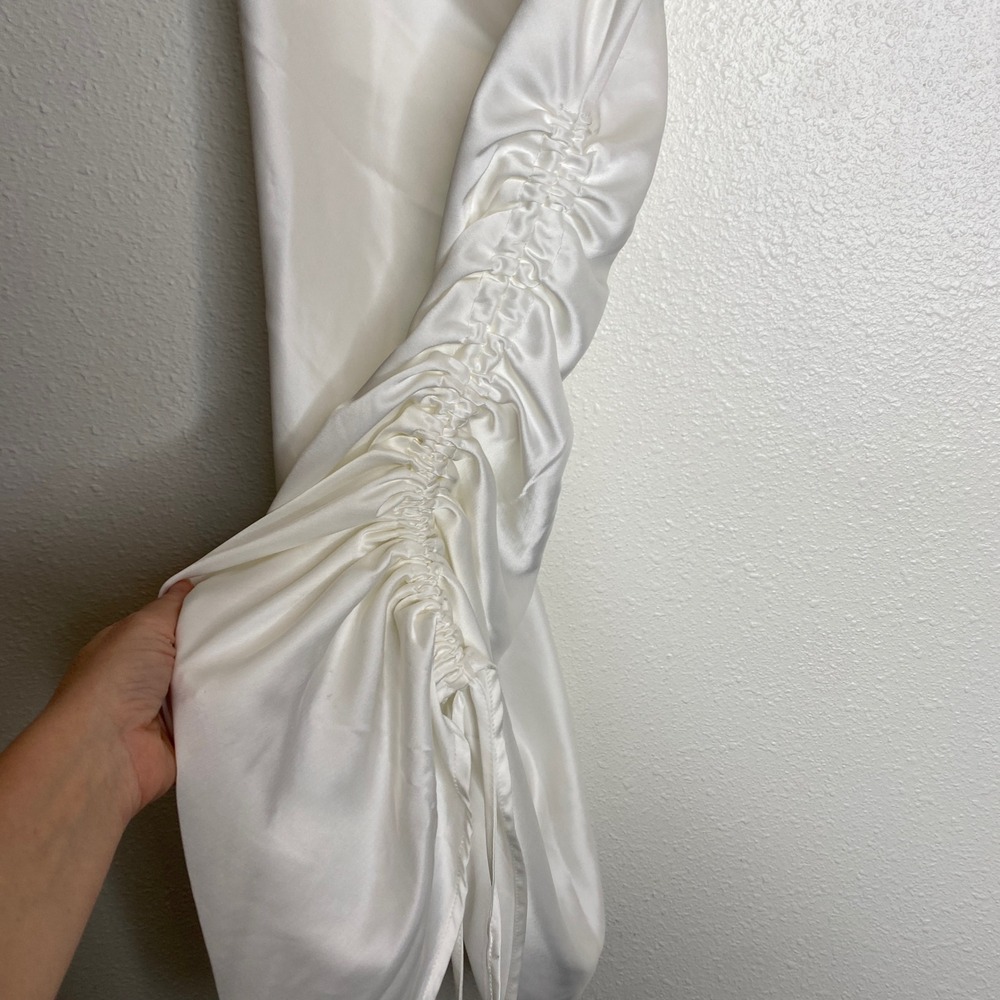 Sugar Thrillz Women's XL White Satin Cowl Neck Ruched Bodycon Mini Dress - Picture 2 of 7